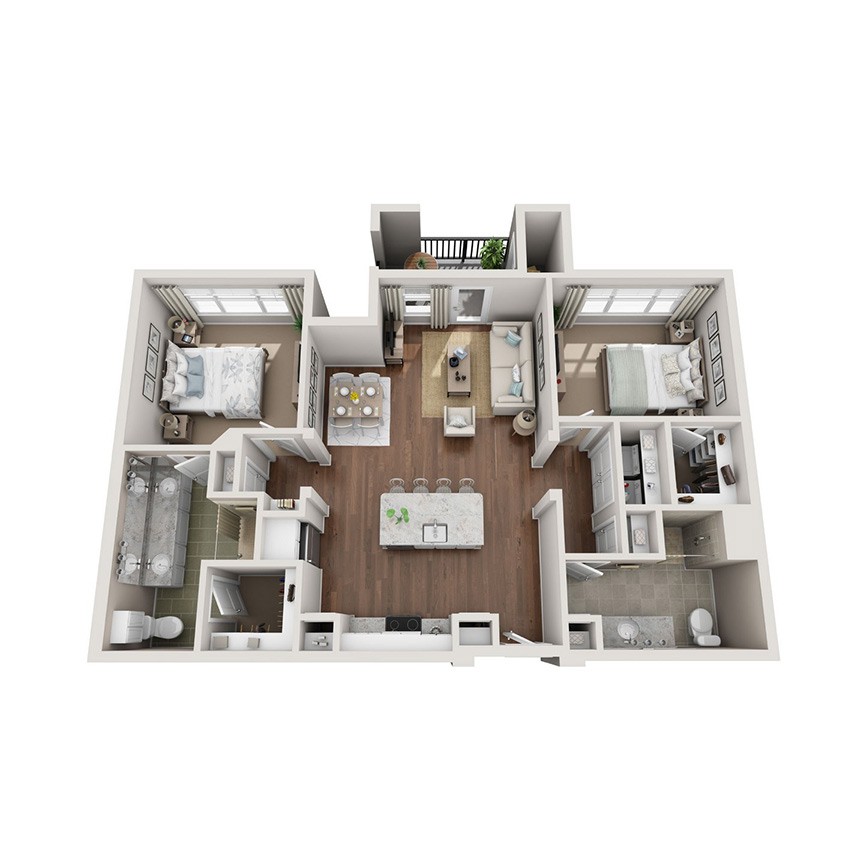 A detailed floor plan of a modern apartment featuring multiple rooms and open living space.