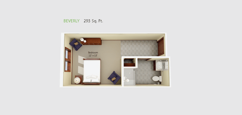 A 202 square foot floor plan featuring a bedroom and adjacent bathroom.