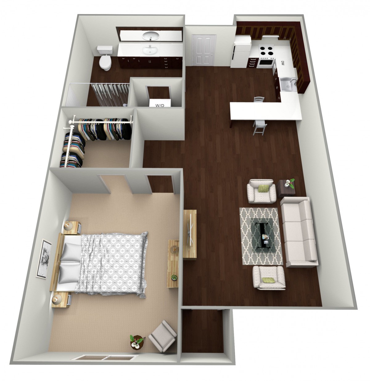 A 3D floor plan of a one-bedroom apartment featuring a kitchen, living area, bedroom, and bathroom.
