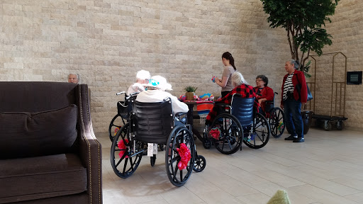 A caregiver interacts with elderly individuals in wheelchairs in a comfortable indoor setting.