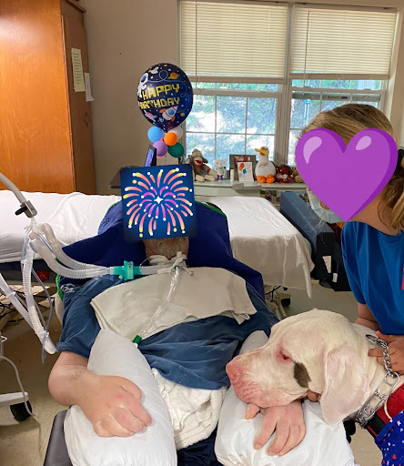 A heartwarming moment as a patient receives love and support from a caregiver and their furry friend, brightening the hospital environment with balloons.