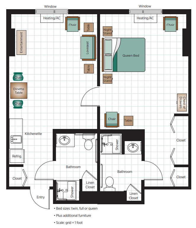 A detailed floor plan of a two-bedroom apartment featuring living, dining, and bathroom areas.