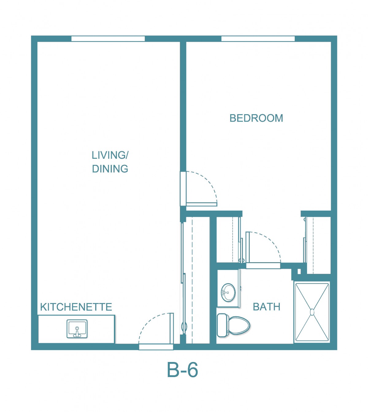 Floor plan of a compact apartment unit, featuring a living/dining area, kitchenette, restroom, and bath.