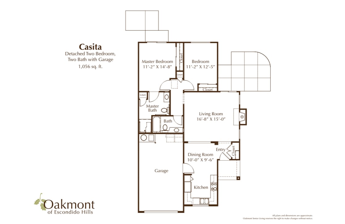 A detailed floor plan of a two-bedroom, two-bathroom casita with a lounge area.