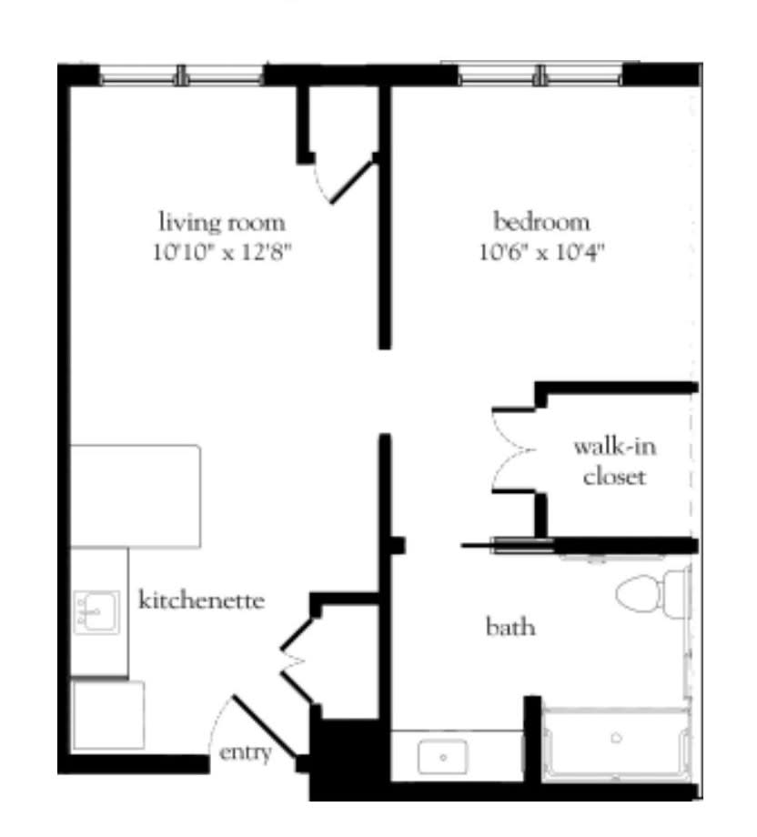 A floor plan of a one-bedroom apartment featuring a living room, kitchen, bedroom with a walk-in closet, and a bathroom.