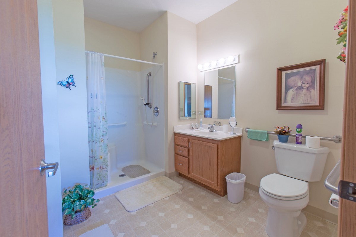 A modern bathroom featuring a shower, vanity with mirror, and toilet.