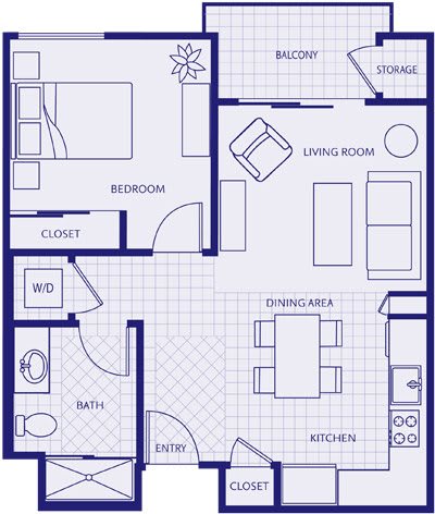 A detailed floor plan of a one-bedroom apartment with a living room, kitchen, dining area, bathroom, and balcony.