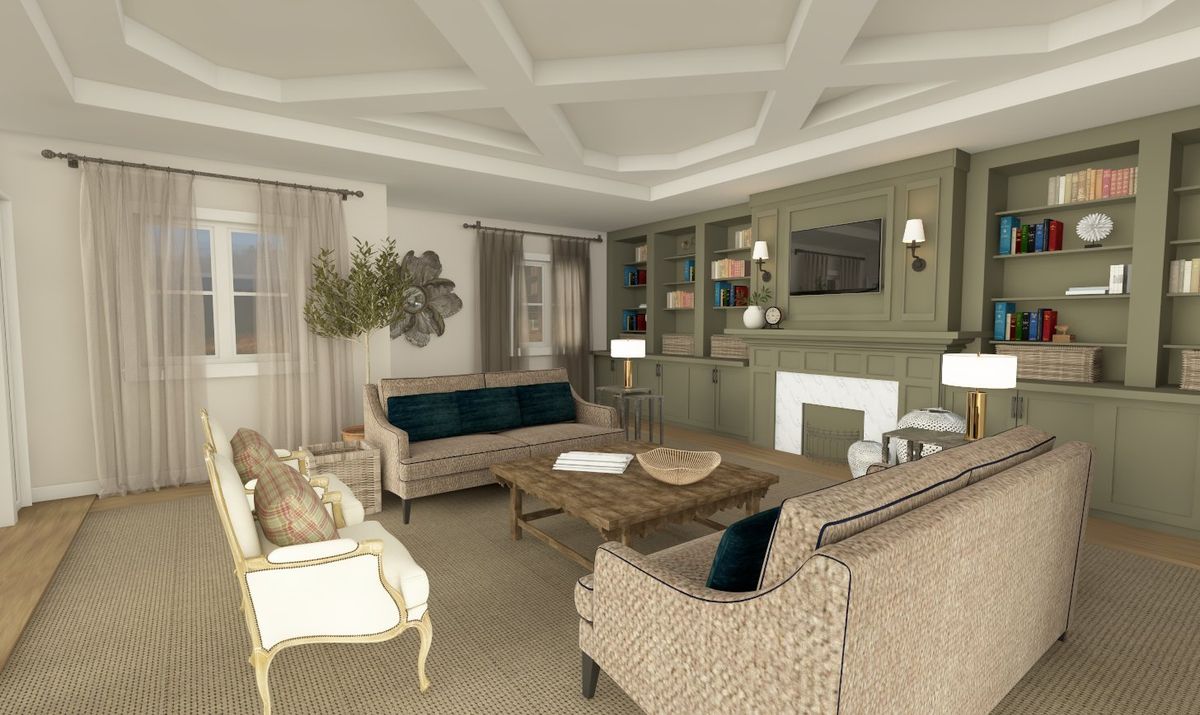 A classic style living room with elegant furniture and a coffered ceiling.