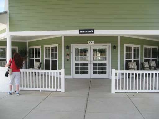 A welcoming entrance to a building with green walls and large windows.
