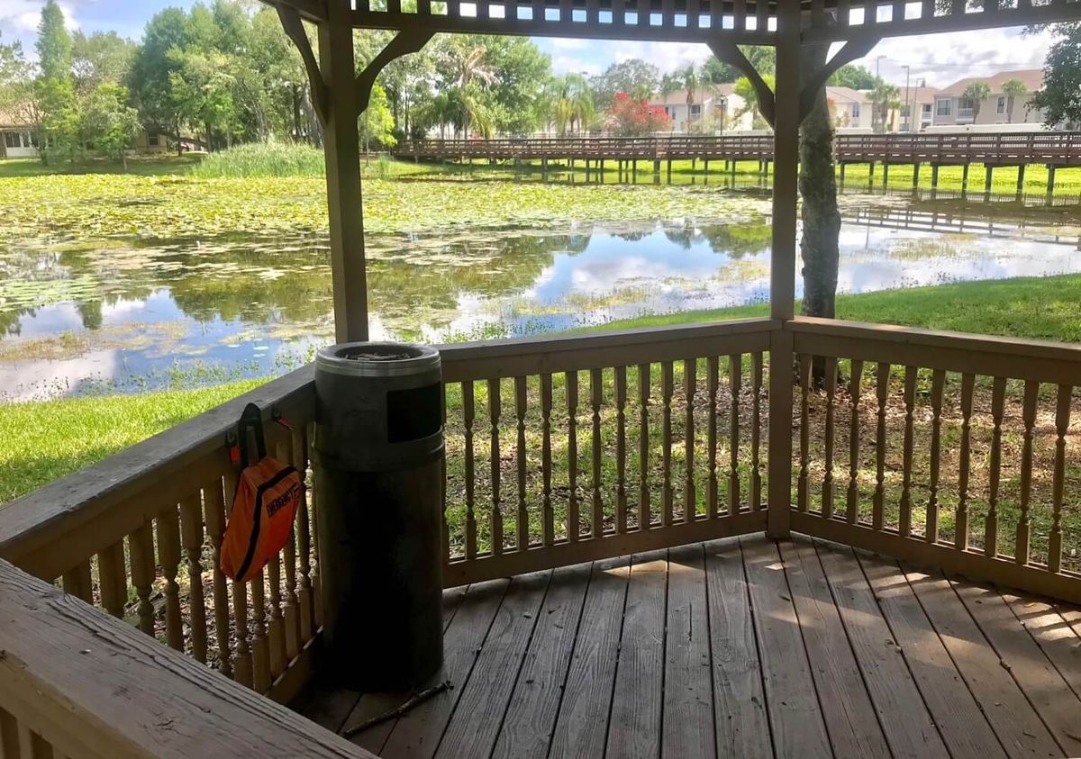 A peaceful gazebo overlooking a serene lake in a park setting.