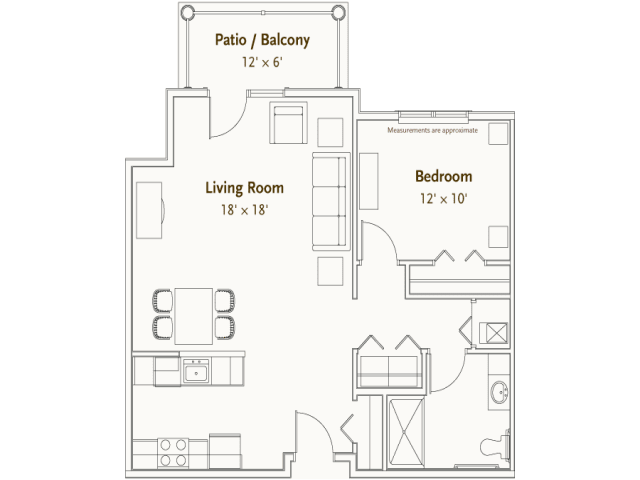 Floor plan of a one-bedroom apartment with a living room and patio/balcony.