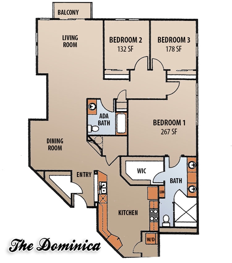 Floor plan of an apartment labeled 'The Dominica' featuring three bedrooms, a living room, kitchen, and bathrooms.
