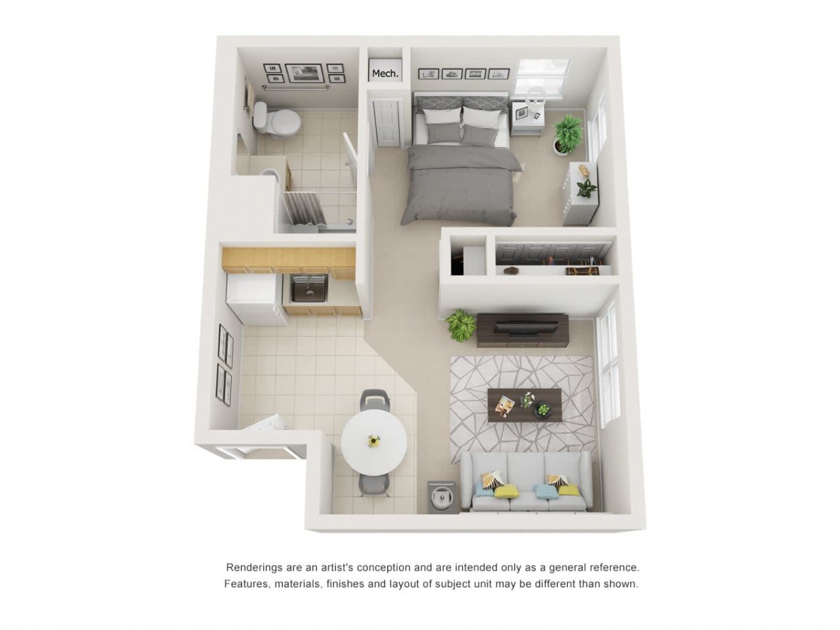 A 3D floor plan of a modern one-bedroom apartment featuring a living room, kitchen, and bathroom.