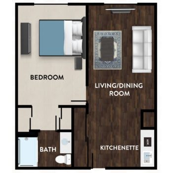 A 1-bedroom apartment floor plan featuring a living/dining room, kitchenette, and bathroom.