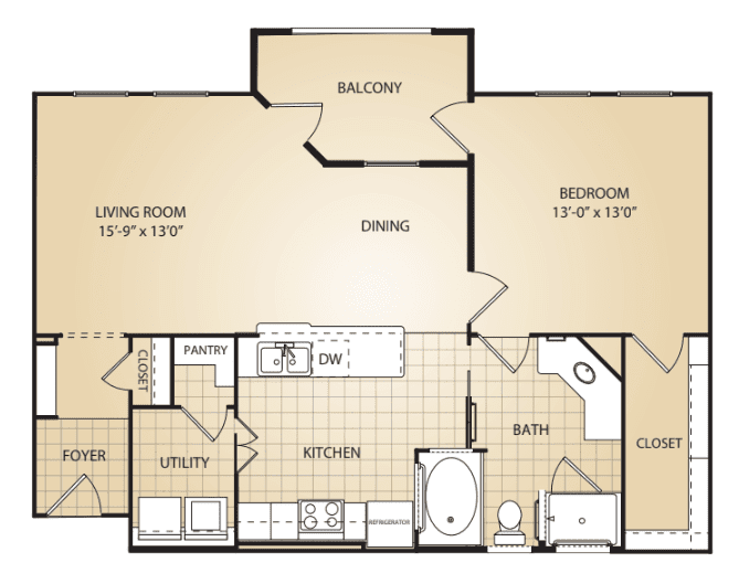 A floor plan of a one-bedroom apartment featuring a living room, kitchen, bathroom, dining area, and balcony.