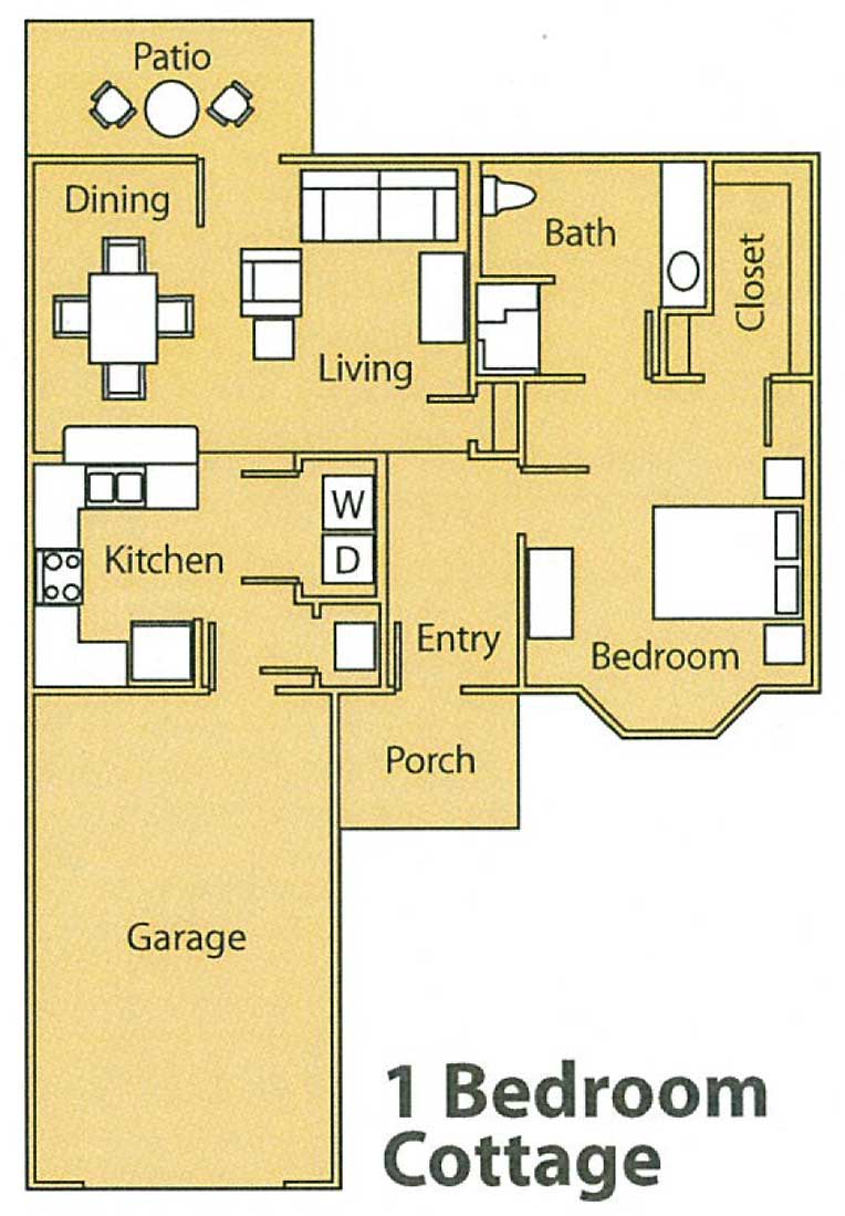 This is a floor plan illustrating the layout of an apartment, featuring designated areas for a bedroom, bathroom, kitchen, dining room, living room, porch, and a garage.