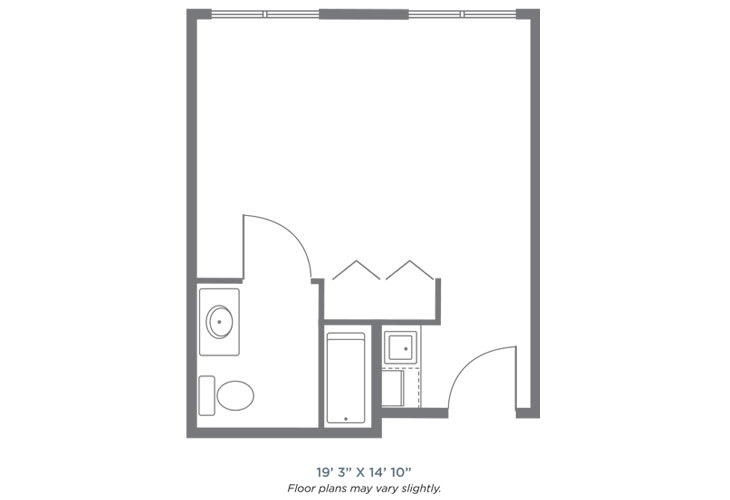 A floor plan of a compact studio apartment featuring a bathroom and a kitchen area.