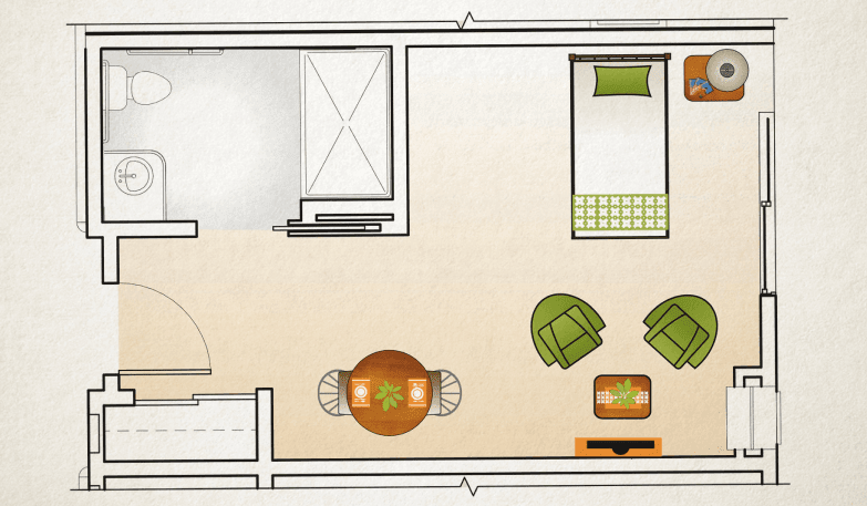 A simple floor plan illustrating the layout of a small apartment with designated spaces for a living room and bedroom.