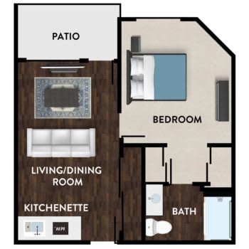 One-bedroom apartment floor plan with a living-dining area, kitchenette, bathroom, and patio.