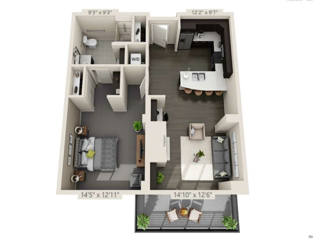 A 3D rendered floor plan of a one-bedroom apartment with a kitchen, living room, bathroom, and balcony.