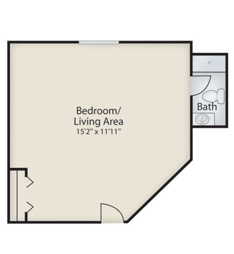 Studio apartment floor plan with combined bedroom and living area.
