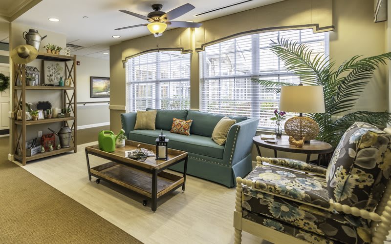 A cozy living room with a blue sofa, stylish coffee table, and large windows letting in natural light.