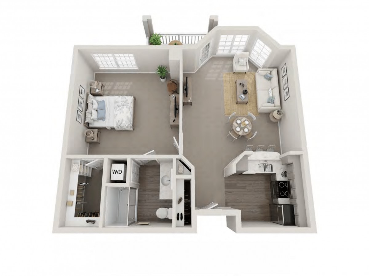 A 3D floor plan of a one-bedroom apartment featuring a living room, kitchen, bathroom, and bedroom.