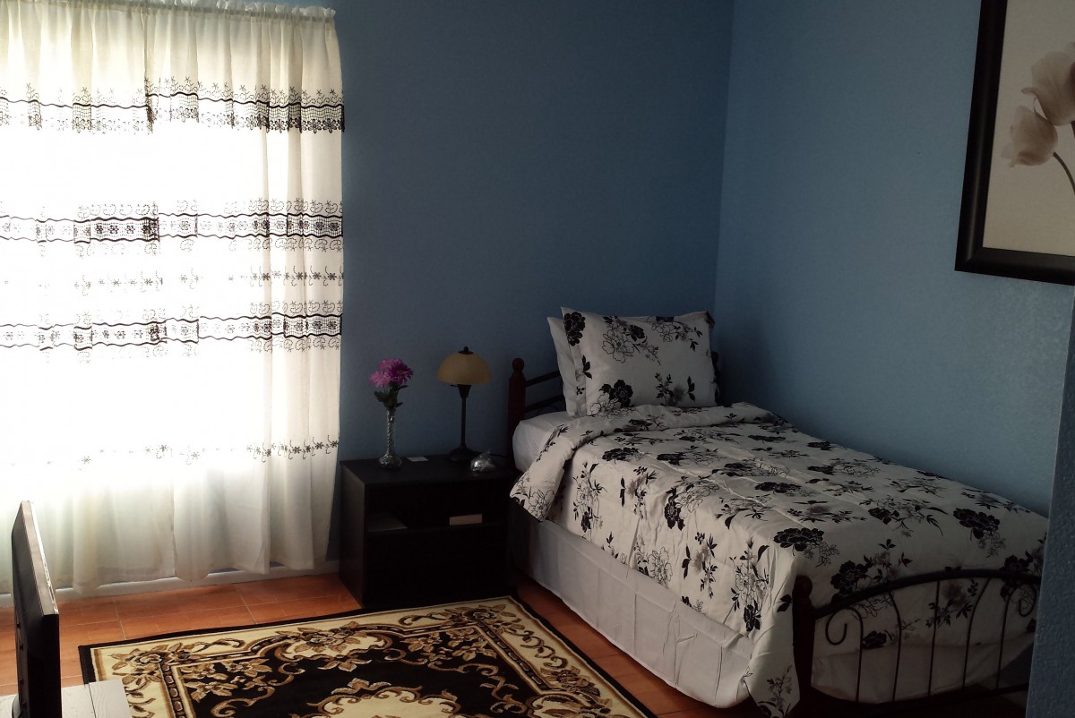 A cozy bedroom with a single bed and floral bedding against blue walls.