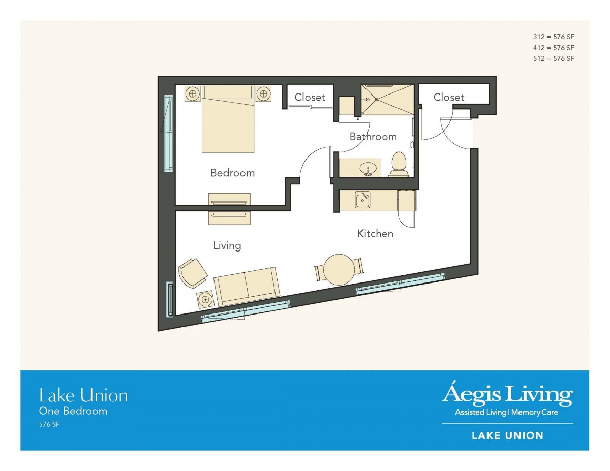 A floor plan of a one-bedroom apartment featuring a living area, bathroom, and closet space.