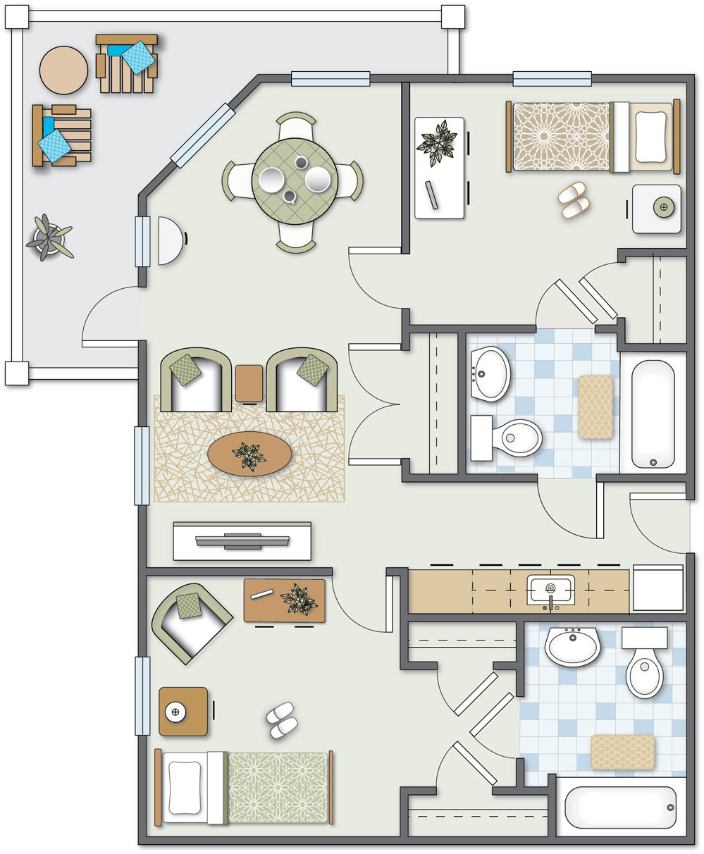 Floor plan of an apartment showing bedrooms, bathrooms, living area, and kitchen.