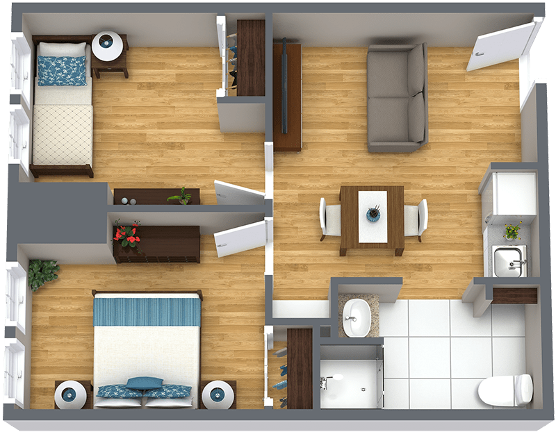 A 3D floor plan of a two-bedroom apartment with a living room, kitchen, and bathroom.