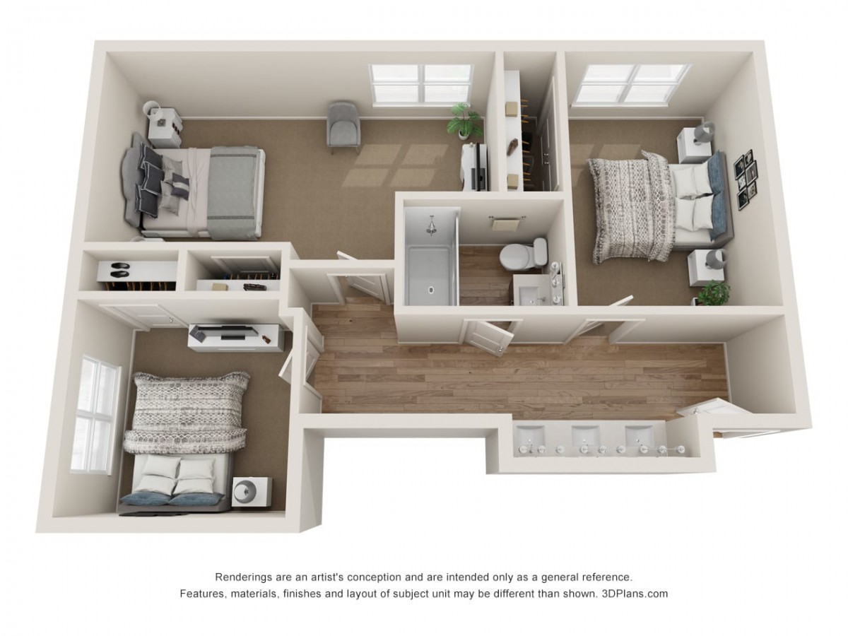 A 3D floor plan of a small apartment featuring two bedrooms, a living room, kitchen, and bathroom.