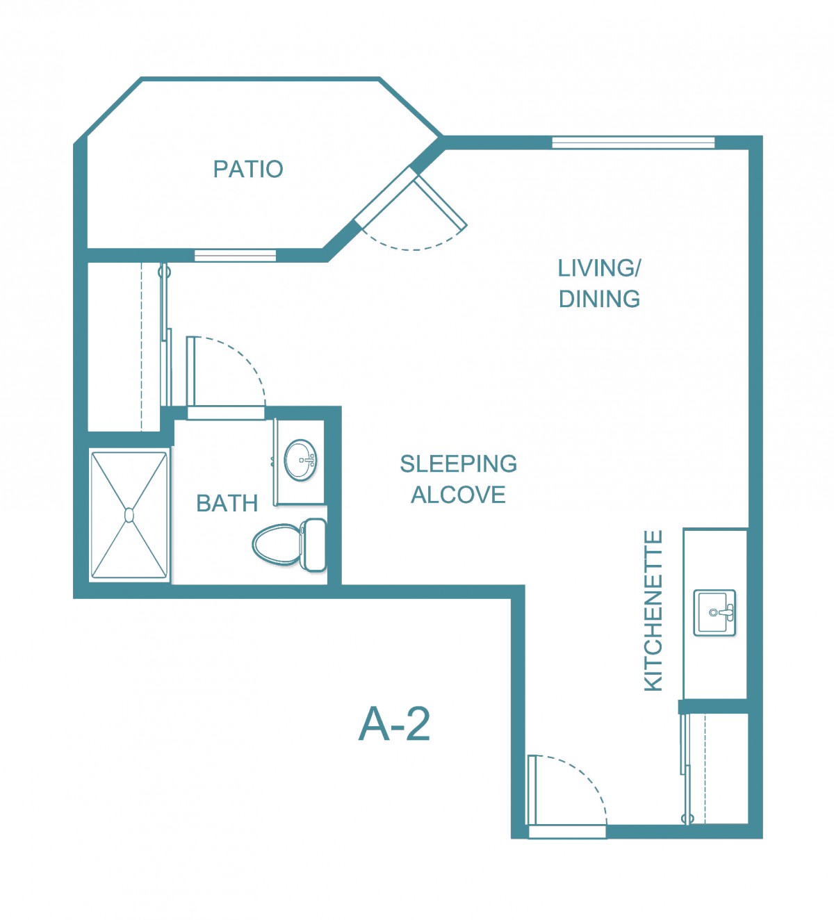 Studio apartment floor plan featuring a sleeping alcove, living/dining area, kitchen, and bathroom.