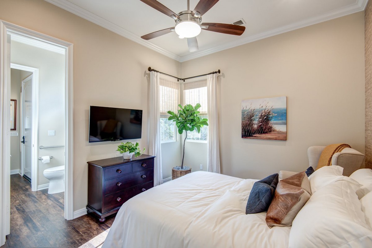 A cozy bedroom featuring a bed with pillows, a television on a dresser, a ceiling fan, wall art, and a potted plant by the window.