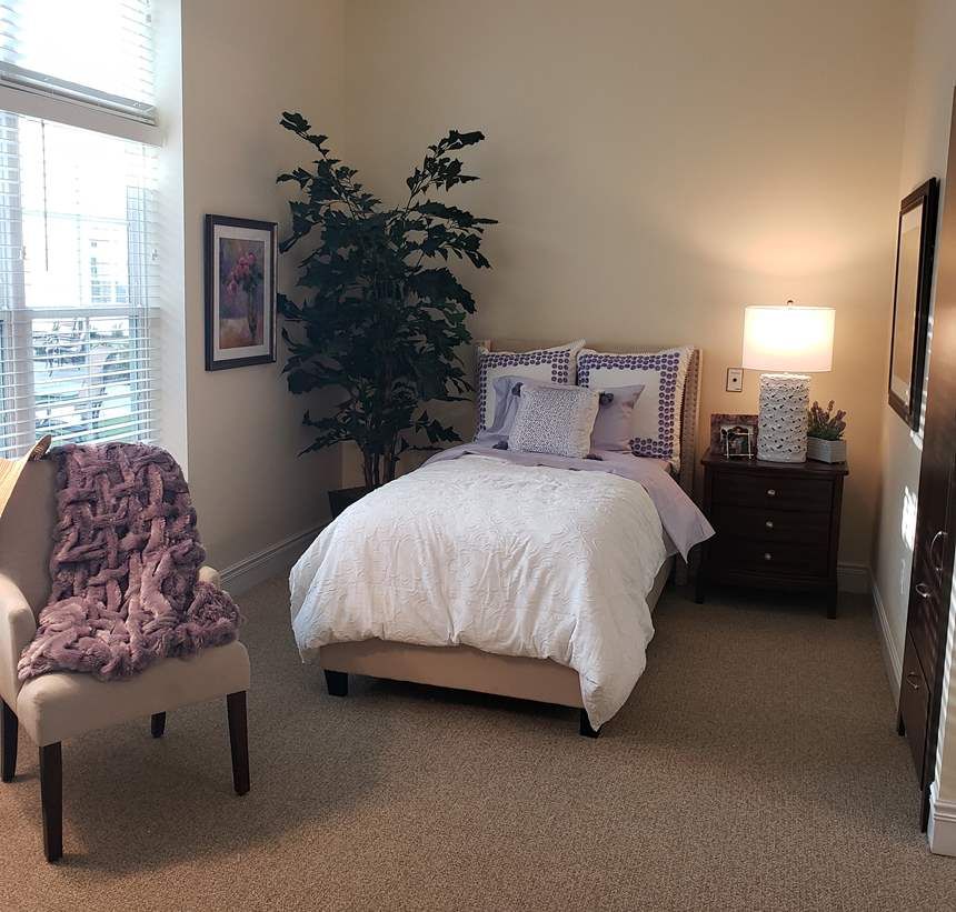 A cozy bedroom with a neatly made bed, a side table with a lamp, and a decorative plant.