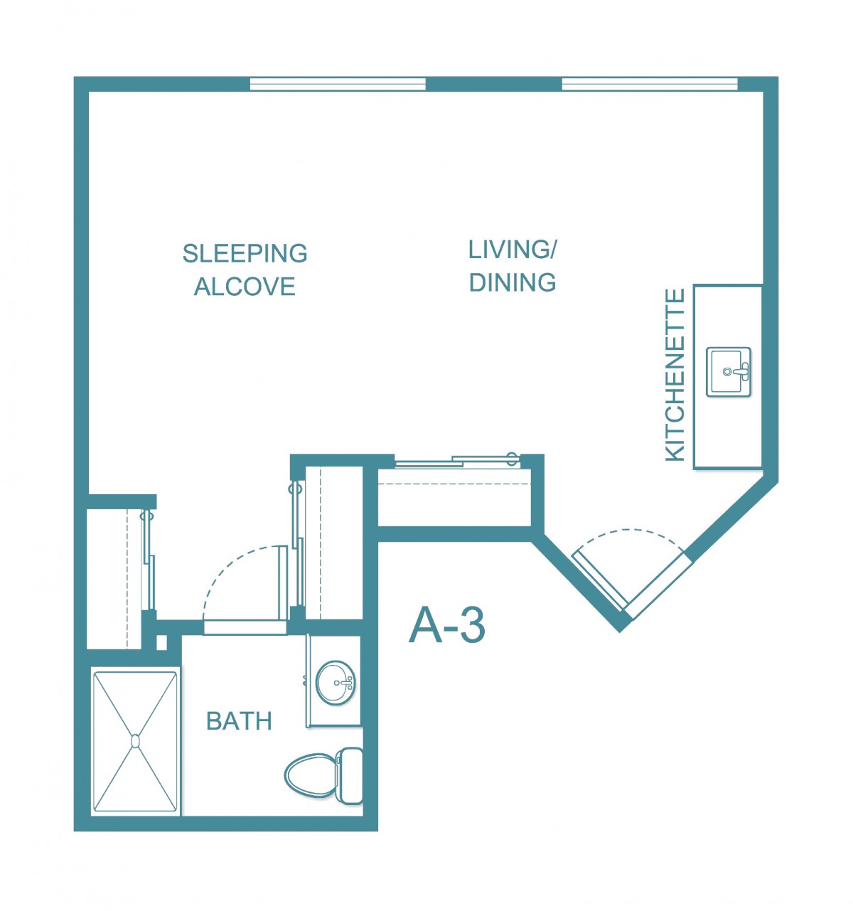 A floor plan of a studio apartment with designated areas for sleeping, living, dining, a kitchenette, and a bathroom.