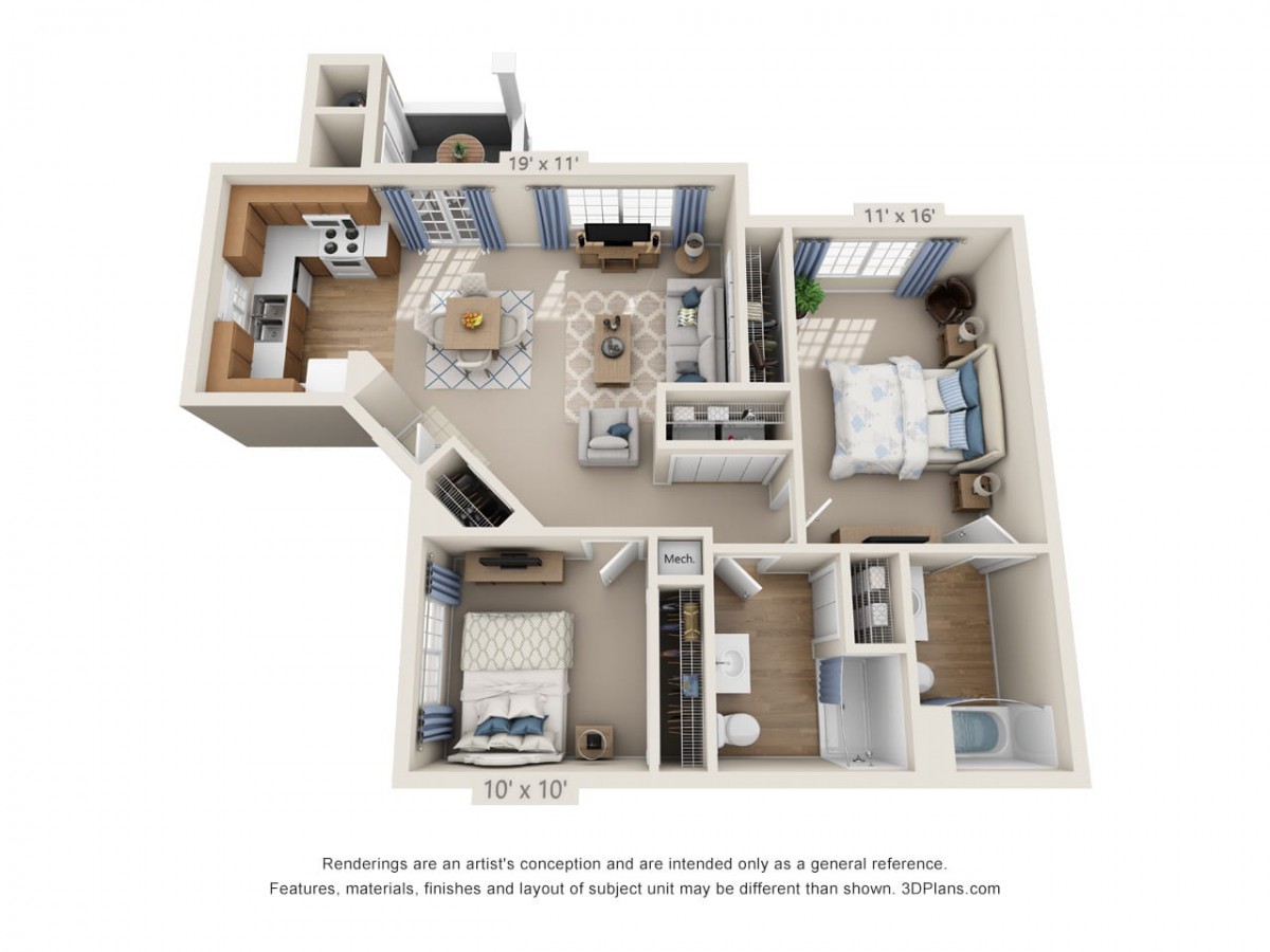 A 3D floor plan of an apartment featuring two bedrooms, a living room, kitchen, and bathroom.