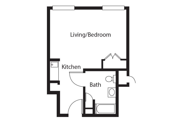 Studio apartment floor plan with combined living and bedroom area, kitchen, and bathroom.