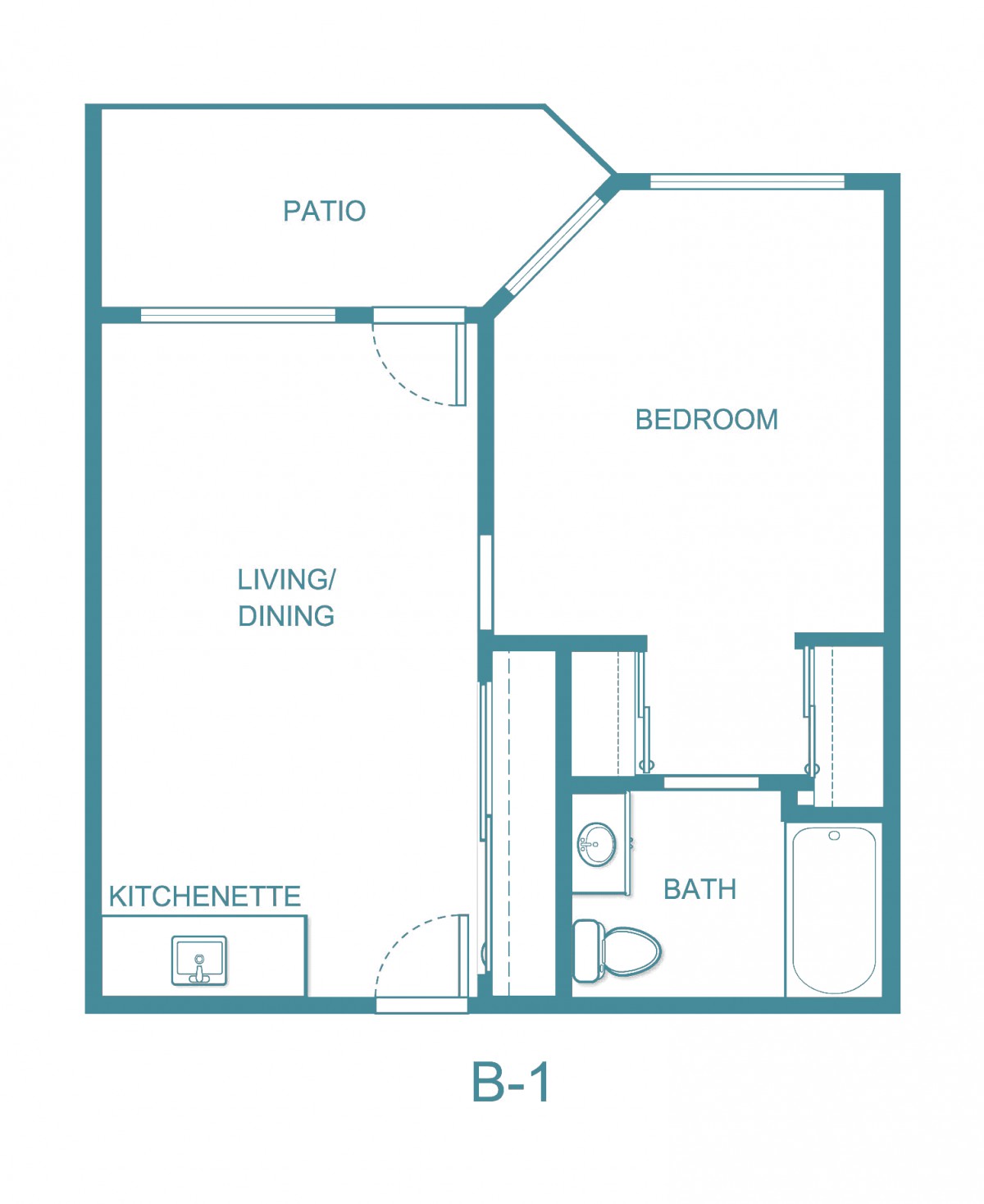 A blueprint of a one-bedroom apartment featuring a patio, living/dining area, kitchenette, and bathroom.