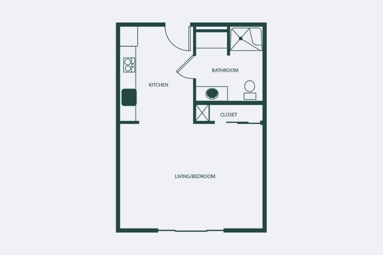 Studio apartment floor plan with kitchen, bathroom, and living area.