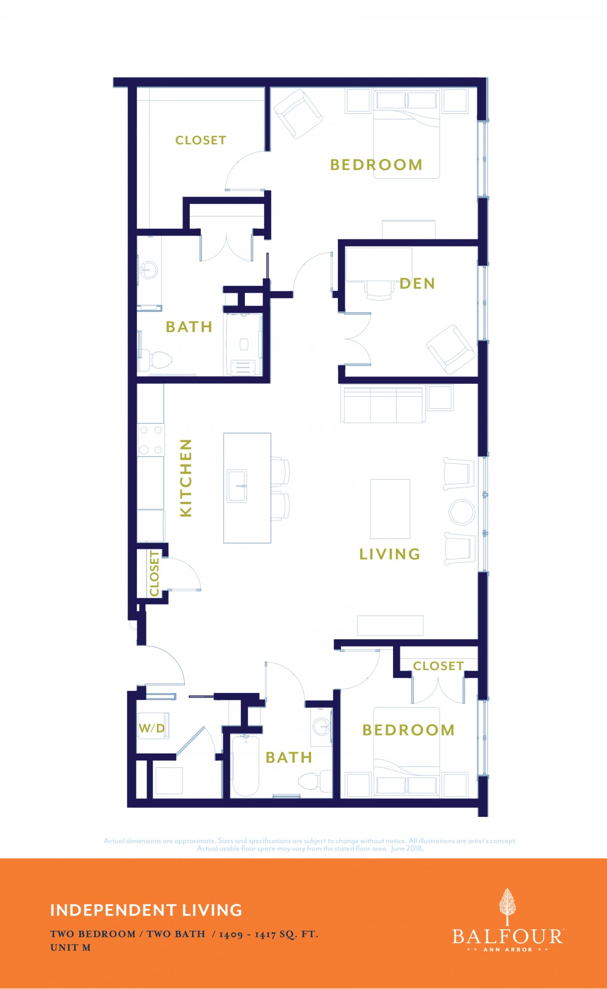 A floor plan layout of an apartment showing various rooms including kitchen, bath, bed, and living areas.