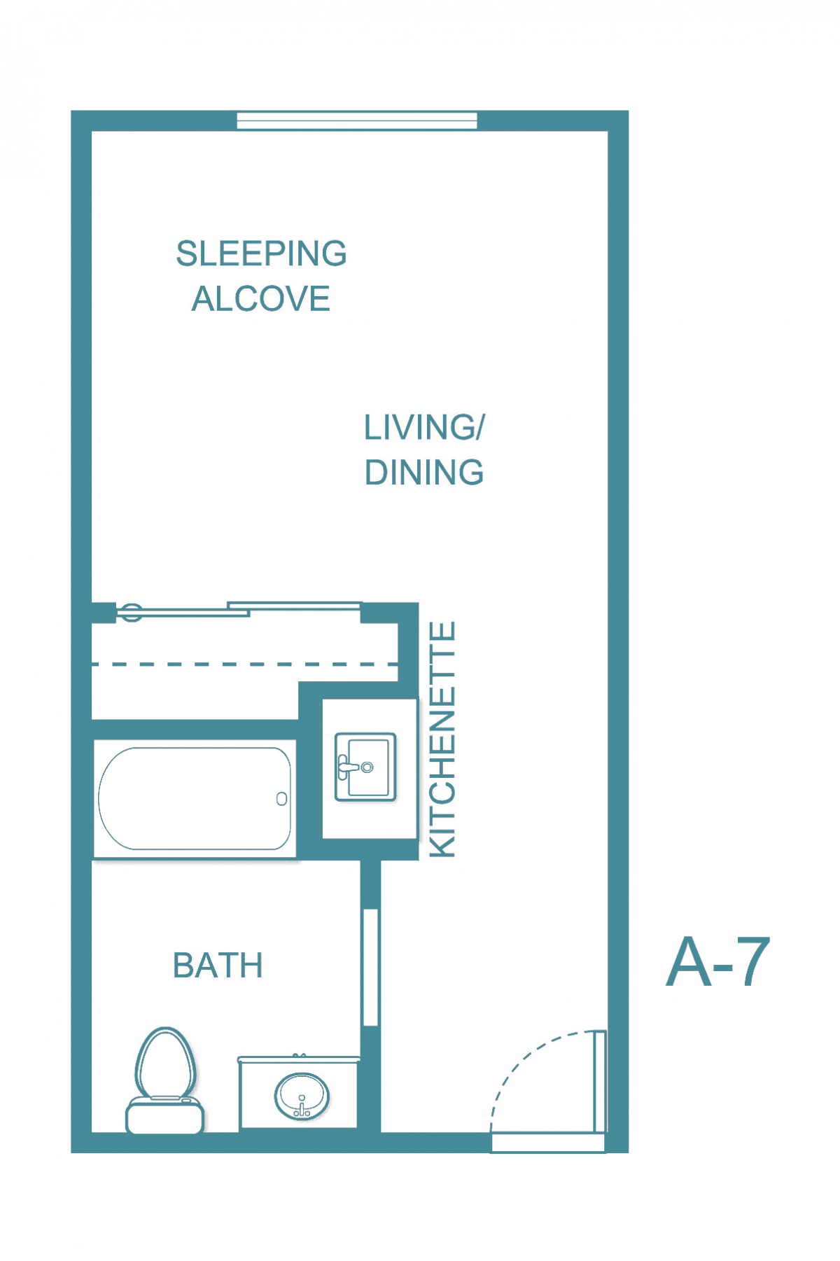 A floor plan of a studio apartment with a sleeping alcove, living/dining area, kitchenette, and bathroom.