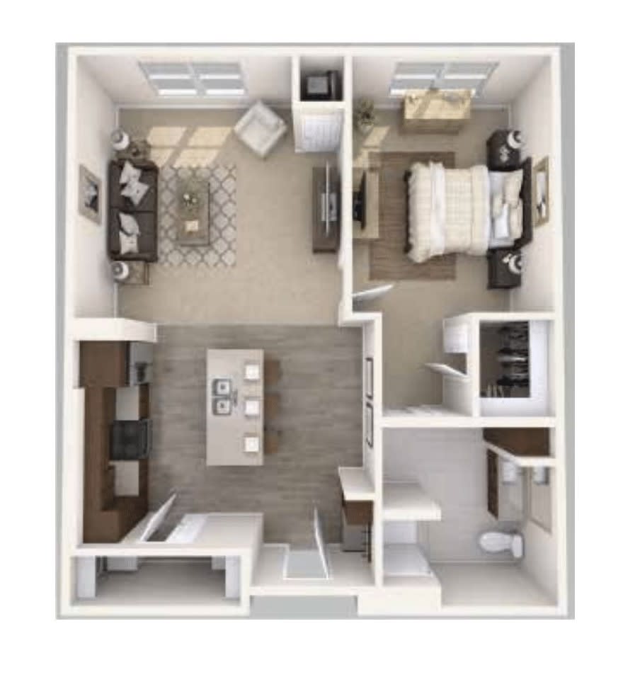 A detailed floor plan of a modern apartment featuring an open-concept living area, kitchen, bedroom, and bathroom.