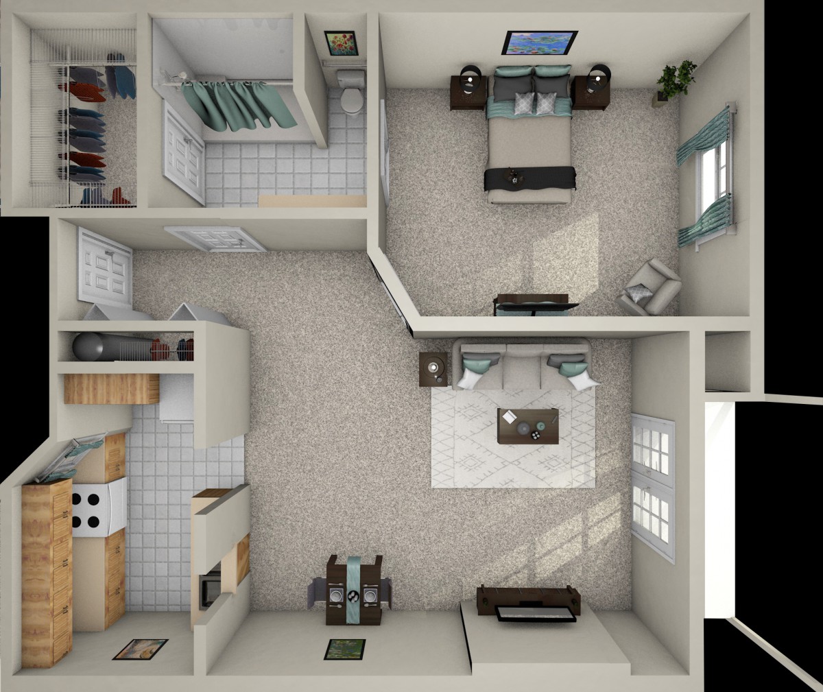 A 3D-rendered floor plan of an apartment featuring a living room, kitchen, bedroom, and bathroom.