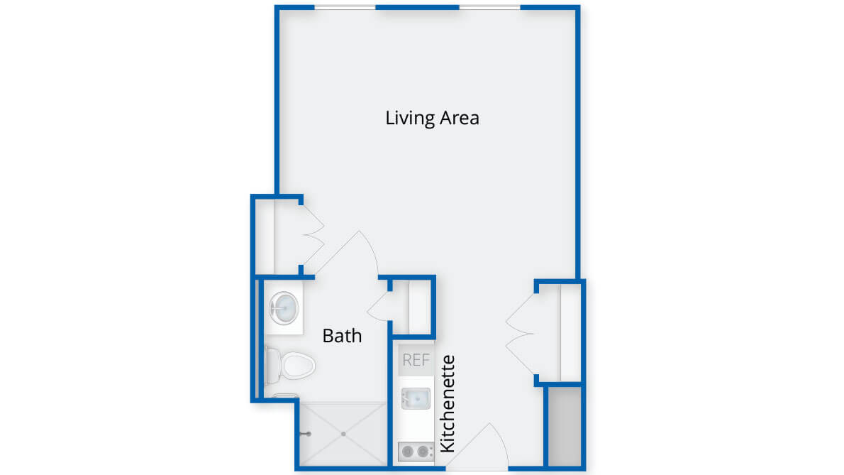 Floor plan of a studio apartment with a living area, bathroom, and kitchenette.