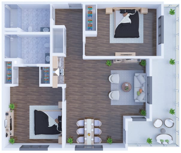 A detailed floor plan showcasing an apartment with two bedrooms, a kitchen, and living areas.