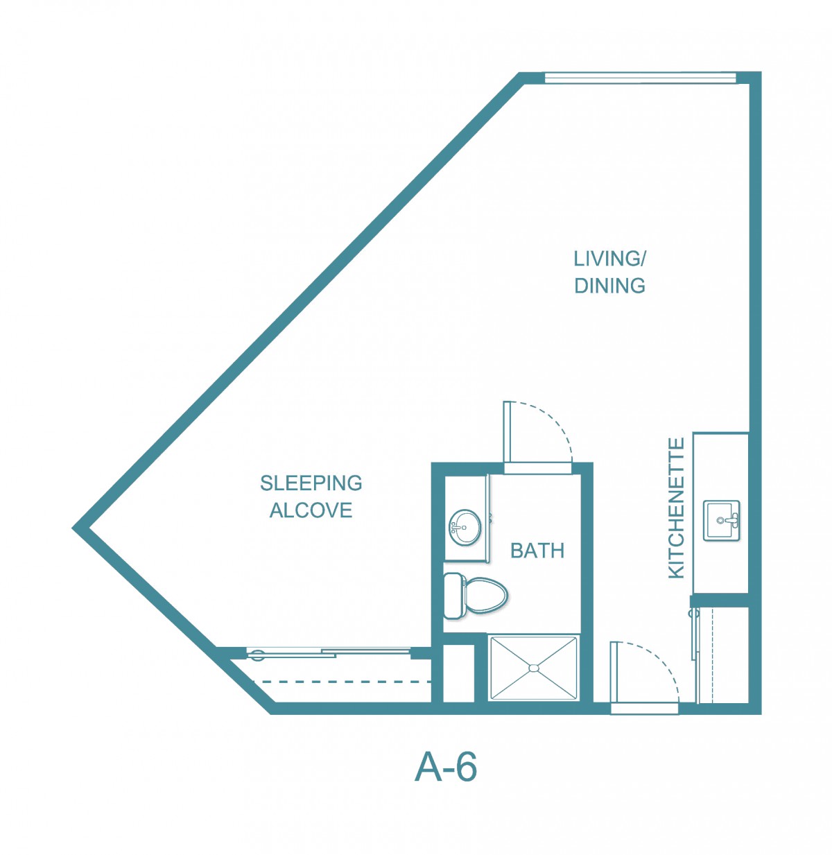 A-6 studio apartment floor plan with a sleeping alcove, bathroom, living area, and kitchen.