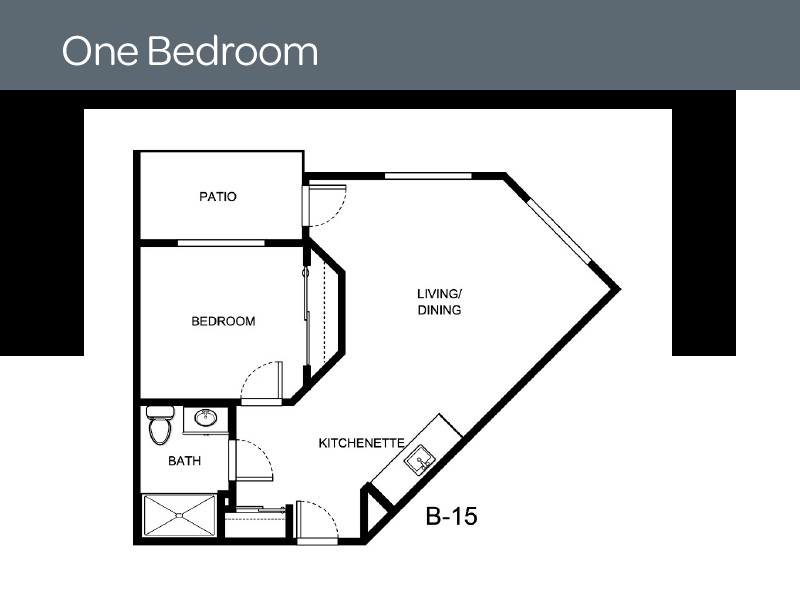A floor plan of a one-bedroom apartment, featuring a patio, living/dining area, bedroom, bathroom, and closets.