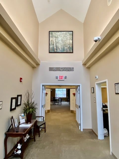 A well-lit office hallway featuring artwork, a bench, and a plant arrangement.