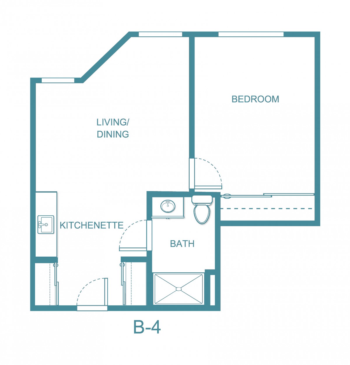 Floor plan of a one-bedroom apartment with living/dining area, kitchen, and bathroom.